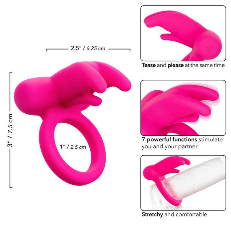Rechargeable Vibrating Silicone Cock Ring Triple Clit Flicker Pink gallery