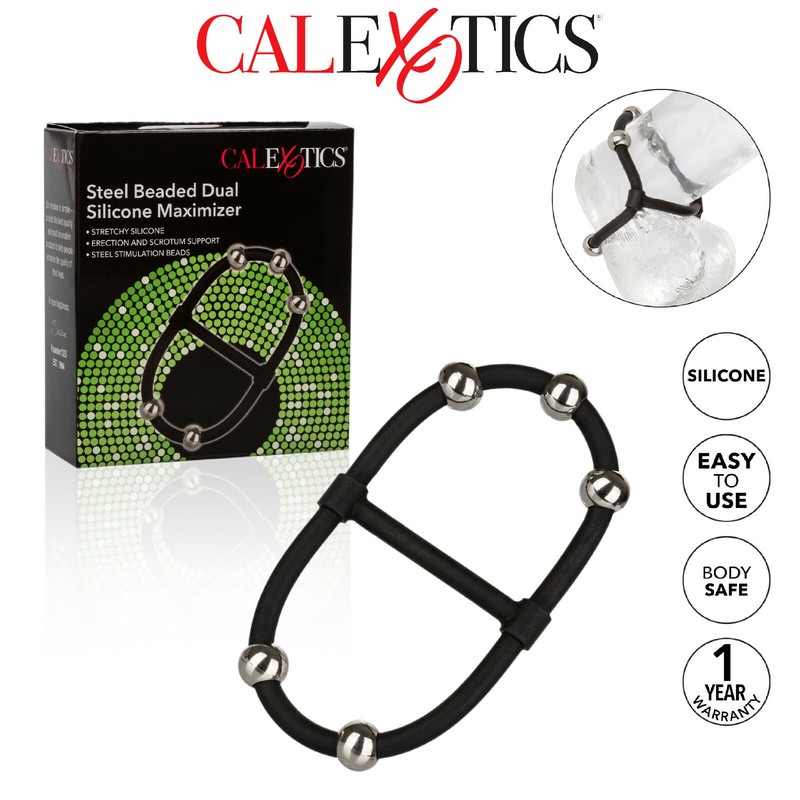 Steel Beaded Dual Silicone Maximizer Stretchy Double Phallic Ring