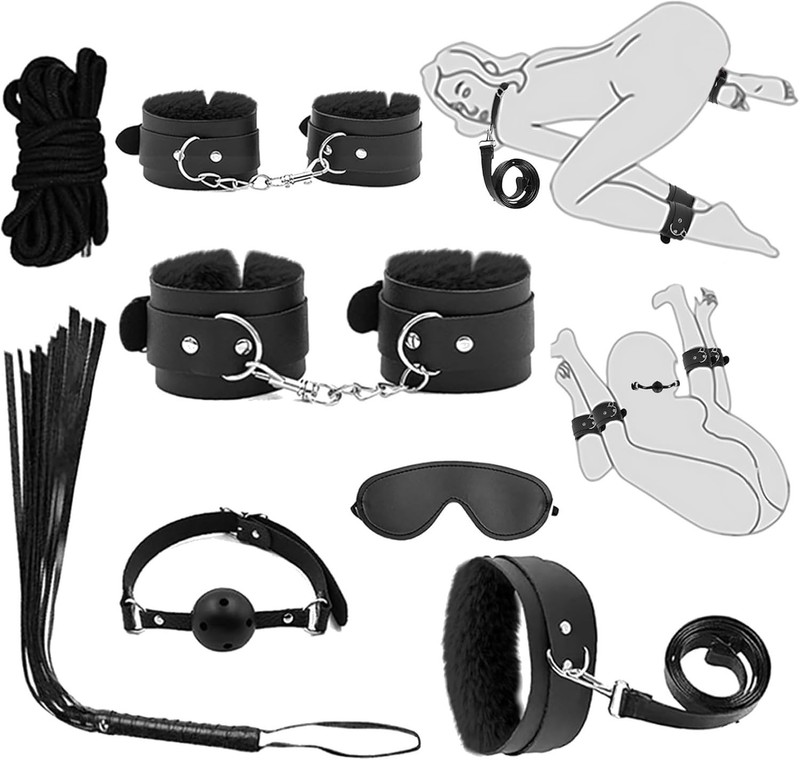 7-Pcs BDSM Kit for Beginners, Black Bondage Set for Couples with Adjustable Wris