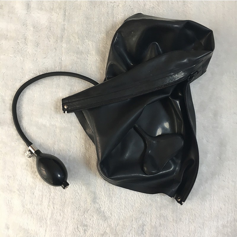 Latex Hood with Inflatable Mouth Gag Open Nose Back Zipper Rubber Club Mask gallery