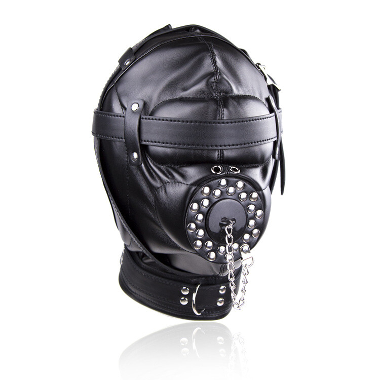 Leather Full Head Mask Restraints Hood Sensory Deprivation Blindfold Headgear 10