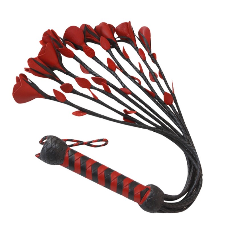 Red Rose Leather Flogger Genuine Bull Hide Cat-O-Nine Braided & Thuddy Floggers