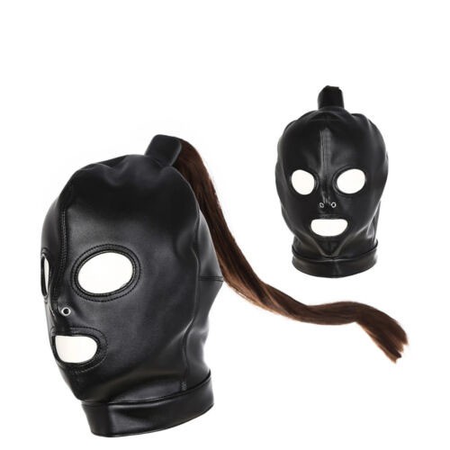 PU Leather Head Hood Mask Headgear With Wig Restraints Halloween Roleplay BDSM
