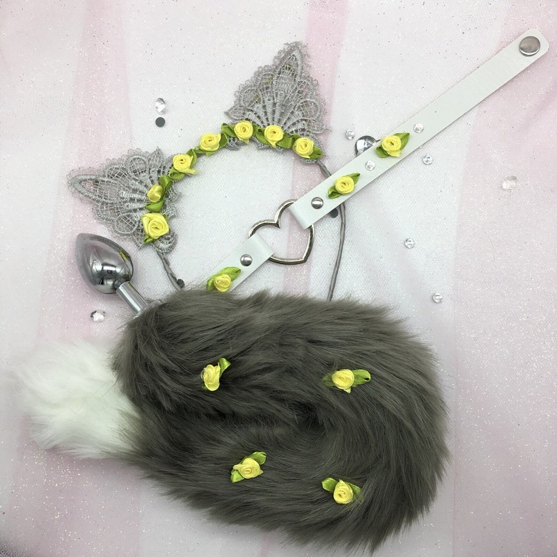 Customized Gray Blue Kitten Cat Set BDSM DDLG PetPlay Tail Ears Collar Butt Plug
