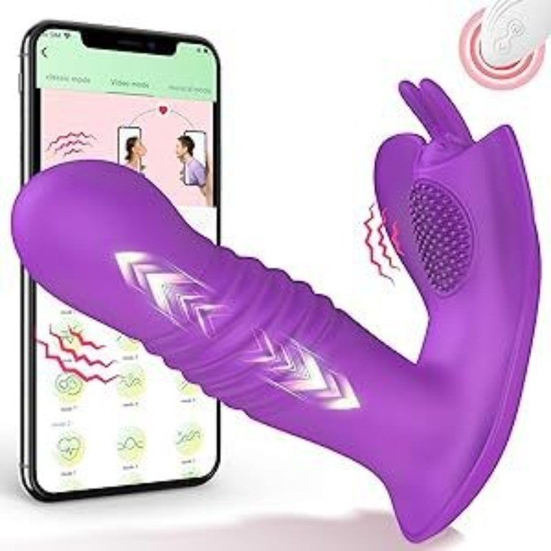 Wearing a vibrating female self-pleasuring device for remote adult use gallery