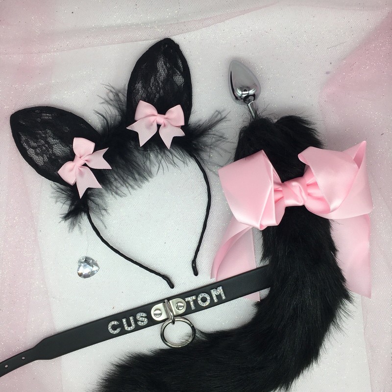 Black Kitten Cat Set BDSM DDLG PetPlay Tail Ears Collar Butt Anal Plug Pet Play