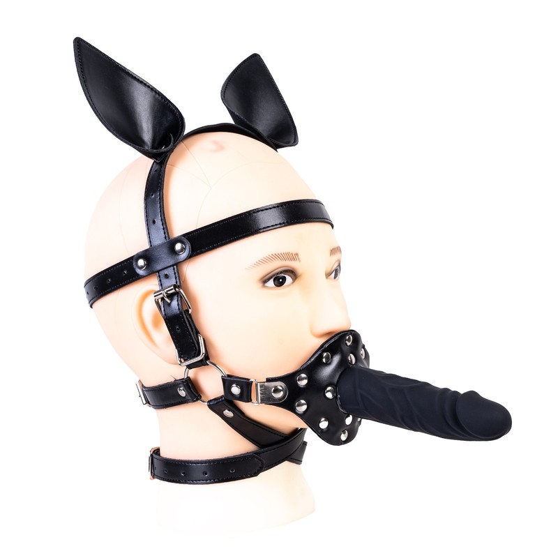 Silicone Double Head Mouth Gag PU Leather Head Harness Adjustable Dog Ear BDSM gallery