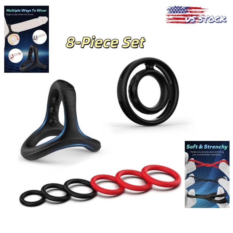 8Pcs Silicone Penis Rings Black Red for Enhanced Stimulation & Satisfaction