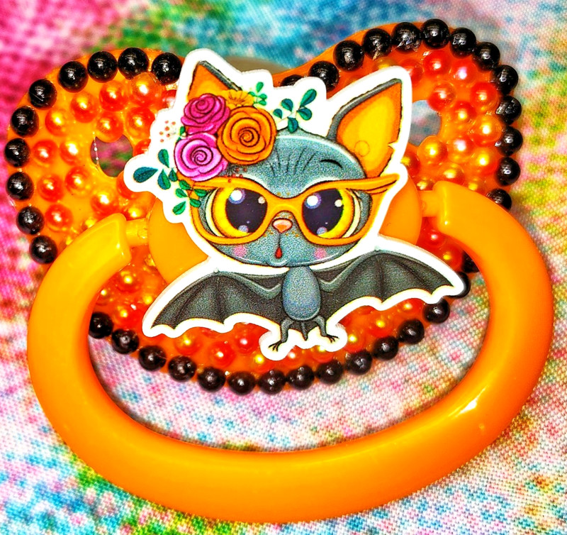 🧡 Kawaii Orange Bat Adult Pacifier Halloween Spooky Goth ABDL DDLG Bling 🧡