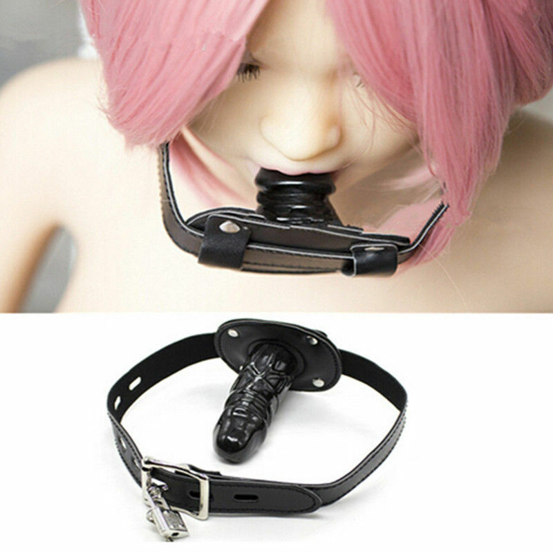 Leather Strap On Lockable Dildo Penis Mouth Gag With Lock Bondage BDSM Sex Toy
