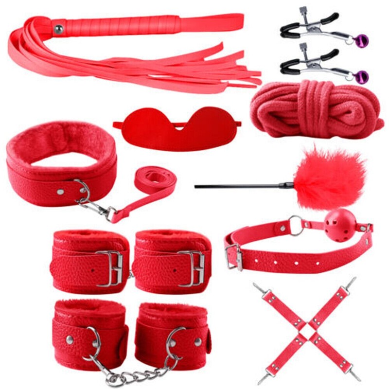 ADAM & EVE 10 PIECE RED RESTRAINT KIT CUFFS BLINDFOLD + COUPLES BDSM PLAY~j10