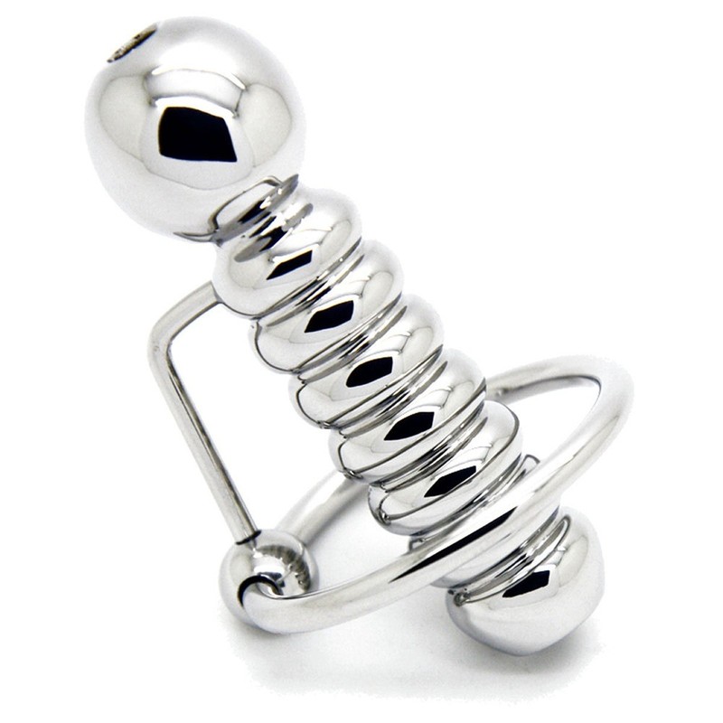 Ribbed Sleek & Slender Penis Plug Glans Ring 316L Steel Hollow Urethra Sound Men