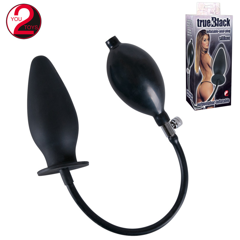 True Black Inflatable Silicone Anal Plug with Hand Pump Inflatable Plug