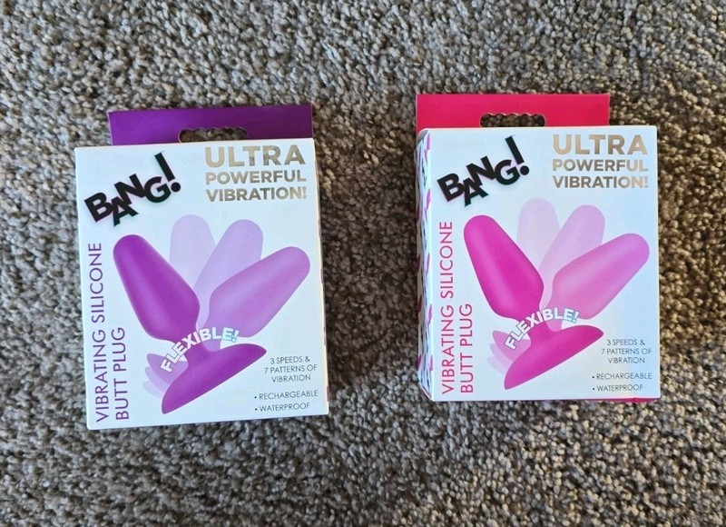 Bang! Vibrating Silicone Butt Plug Pink & Purple Rechargeable Anal Plug 2pc Lot