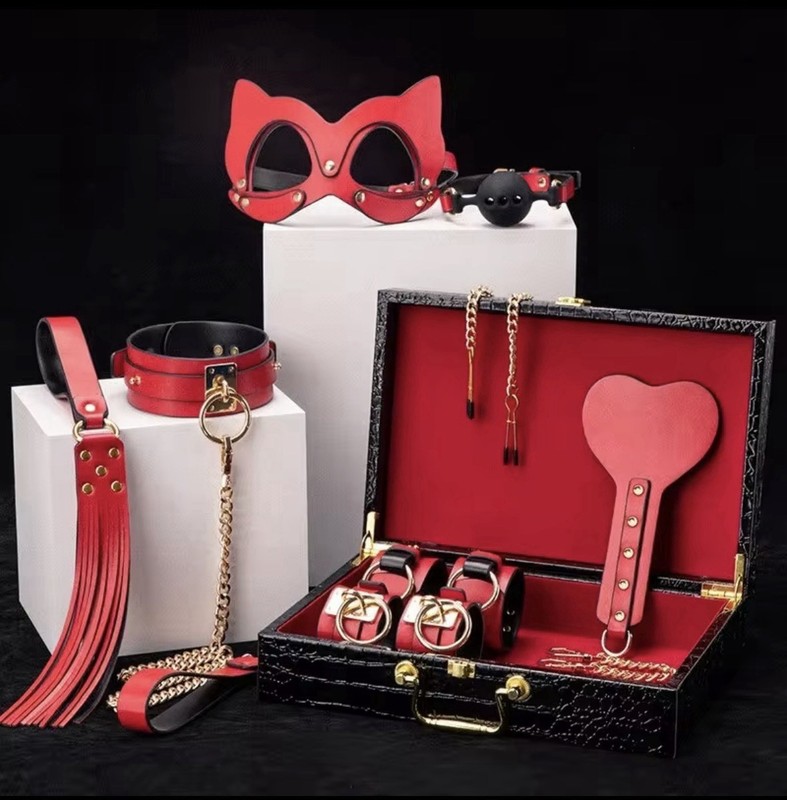BDSM Kits Genuine Leather Bondage Set Fetish Handcuffs Collar Gag Whip Sex Toys gallery