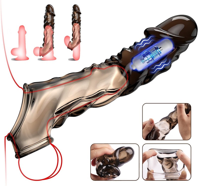 Vibrating Penis Sleeve Extender Cock Ring Vibrator Extension For Men Couple Toys