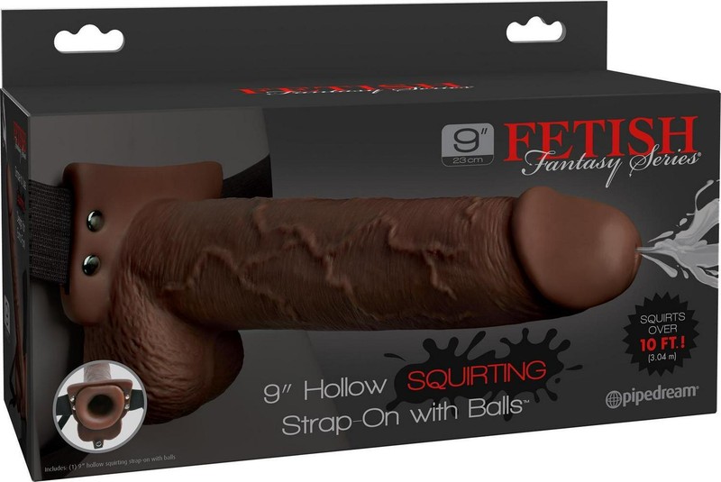 Fetish Fantasy Series 9&Prime; Hollow Squirting Dildo Strap On With Balls Brown