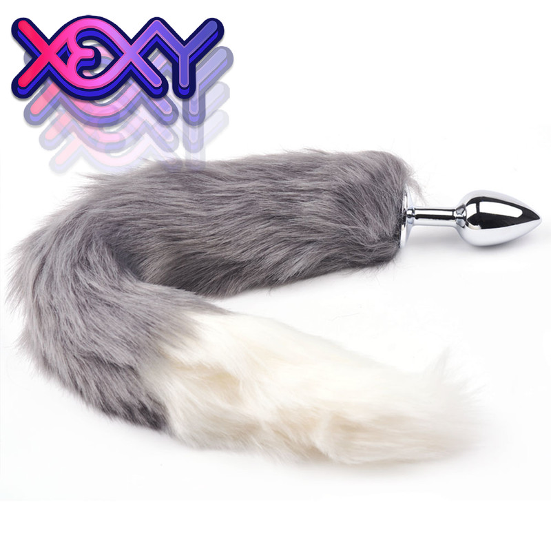 Gray & White Furry Tail Anal Plug Cosplay Fox Cat Xexy Adult Sex Toys