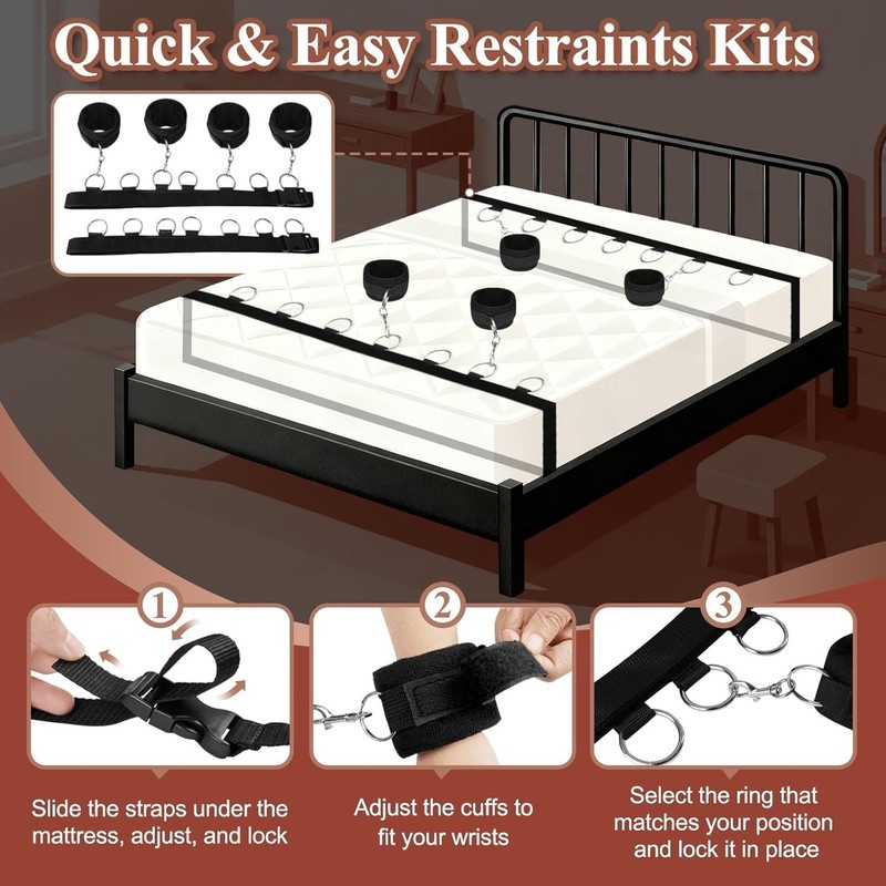 Sex Bondage BDSM Kit, Under King/Queen Bed Restraints Set, Black gallery
