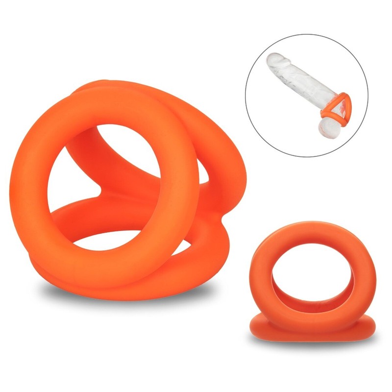 Ultra Soft Liquid Silicone Tri-Ring Penis Cock Ball Ring Male Enhancer Orange