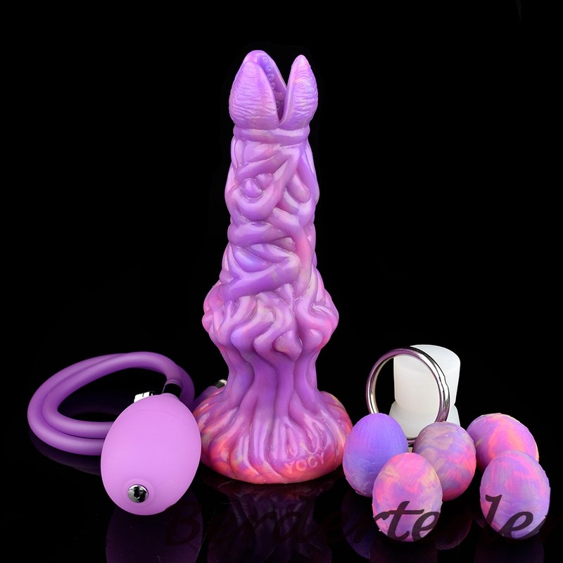Hand-pushed & Pneumatic 2-in-1 Ovipositor Silicone Penis Laying Egg Hollow Dildo gallery