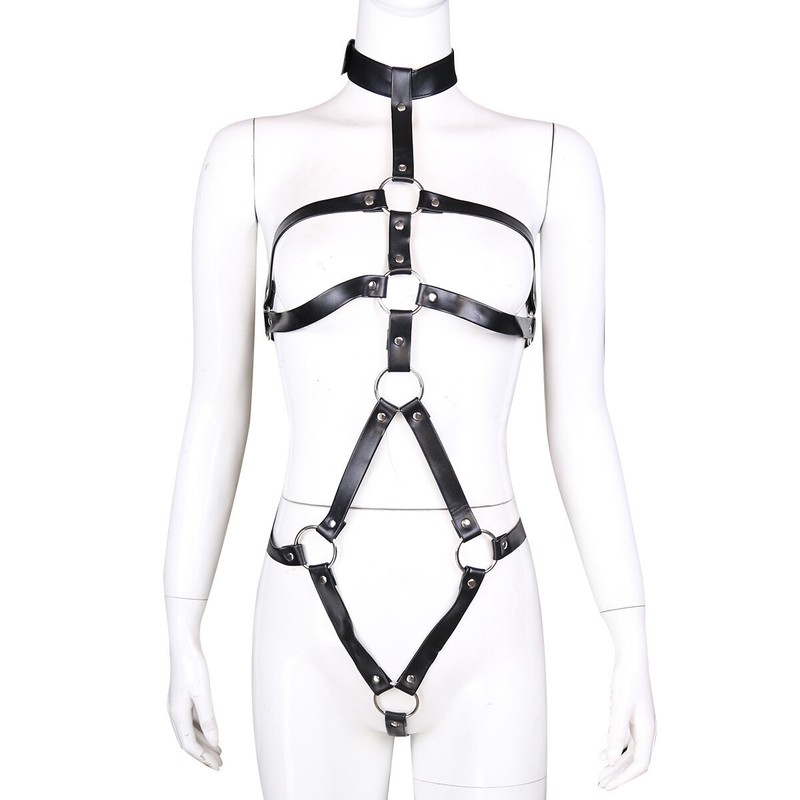 Faux Leather BODY HARNESS Open Armbinder Restraint Bra Collar Costume Bondage