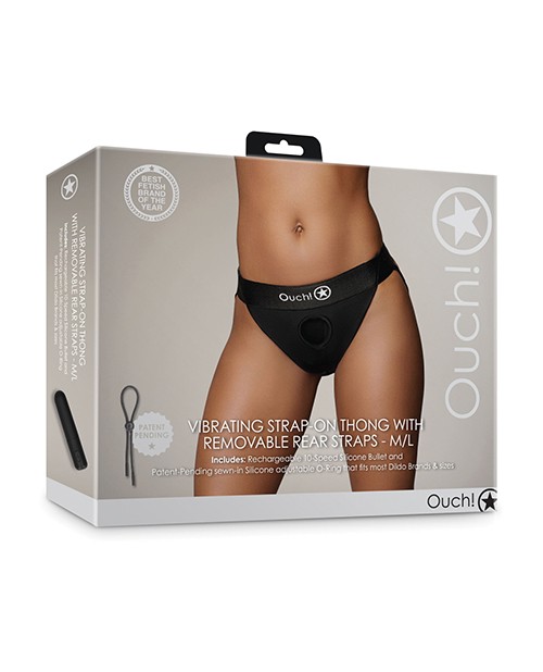 Shots Ouch Vibrating Strap-On Thong, Black, M/L