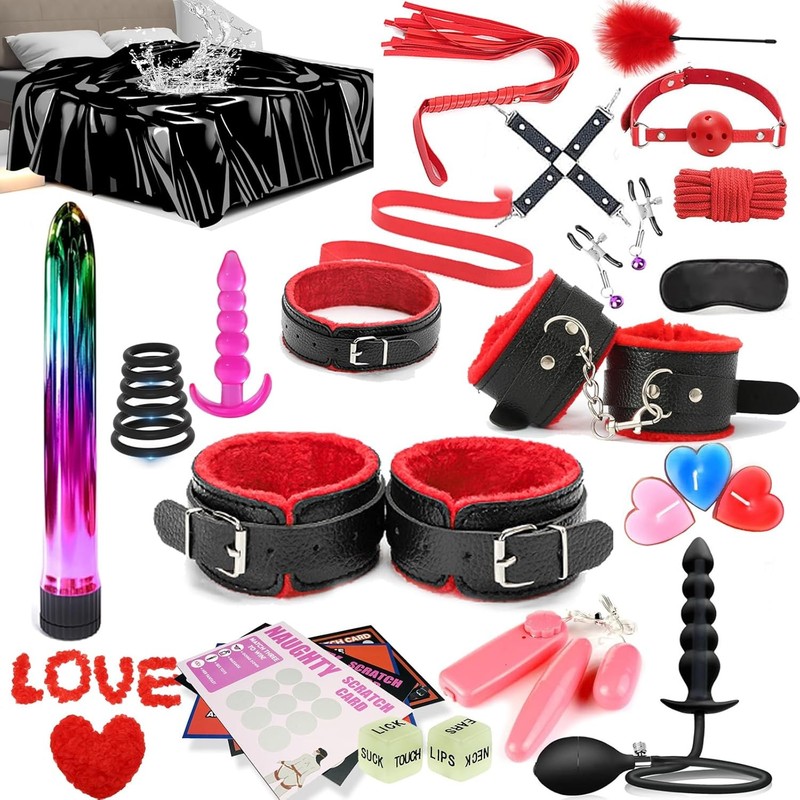 31pcs BDSM Restraints Kit Sex Toy, Anal Plug Handcuff Mouth Gag Spanking Paddle