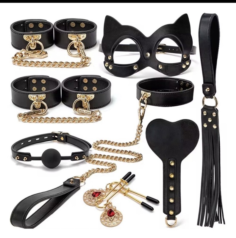 BDSM Kits Genuine Leather Bondage Set Fetish Handcuffs Collar Gag Whip Sex Toys