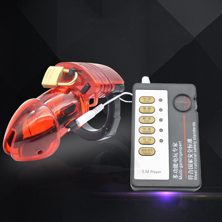 E-stim Shock Chastity Cage Cock Stimulate with Padlock Power Adjustable Ring SM
