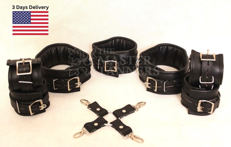 BDSM Wrist Cuffs, Ankle Cuffs Thigh Cuff & Collar Restraint Bondage 7 Pieces Set