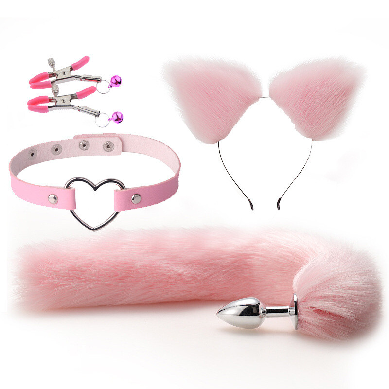 4pcs Set Cute Headband Tail Plug Heart Collar Women Harness Accessories Sex Toy