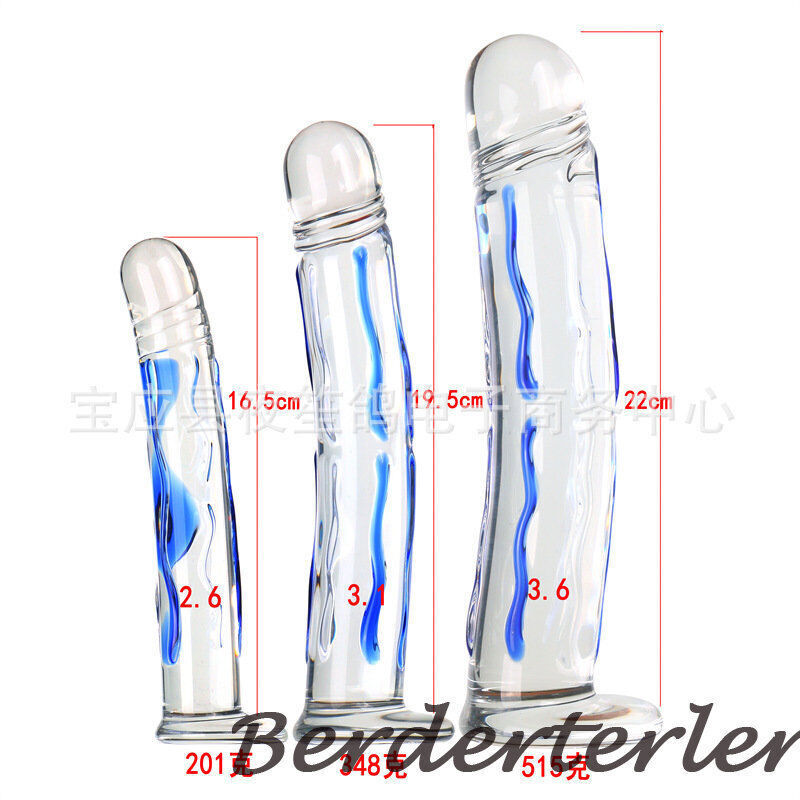 Large Thick Blue Stripe Crystal Glass Realistic Penis Dildos Butt Plug Sex Toys gallery