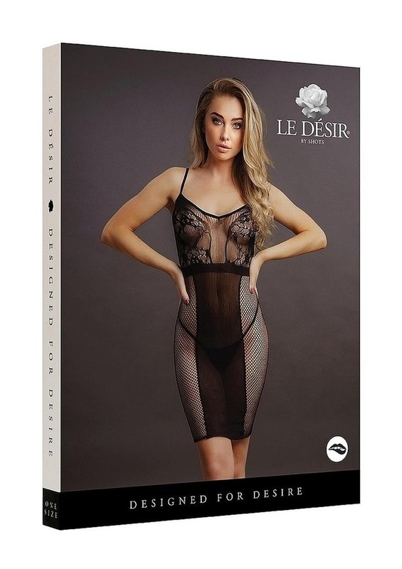 Le Desir Knee Length Lace and Fishnet Dress – O/S – Black