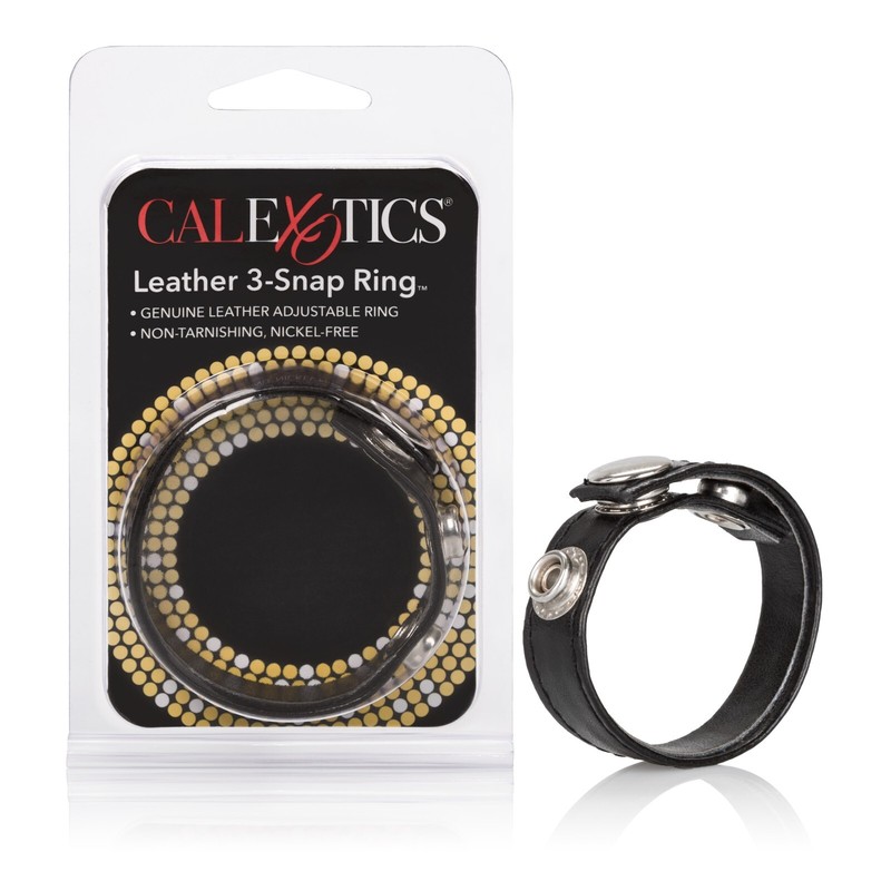 Cal Exotics Leather 3-Snap Ring Black - Adjustable Penis Cock Erection Enhancer