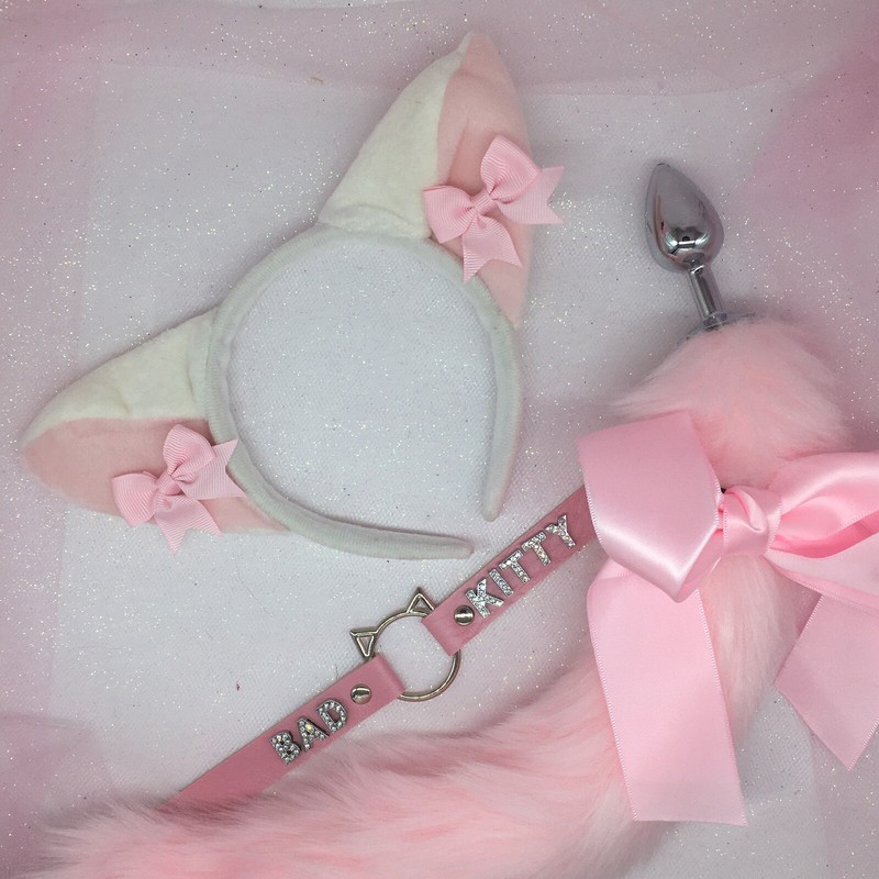 Customized Pink Kitten Cat Set BDSM DDLG Pet Play Tail Ears Collar Butt Plug