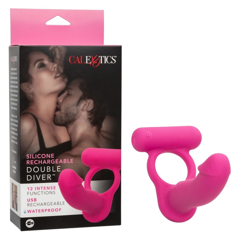 Cal Exotics Silicone Rechargeable Double Diver Pink -Vibrating Cock Ring DP Dong