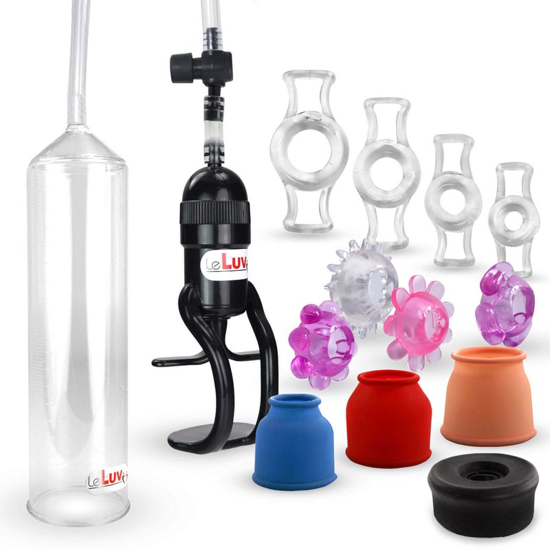 LeLuv Penis Pump EasyOp Zgrip | 3 Sizes, Black Seal, 8 Assorted Rings