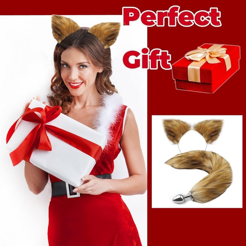 Anal Plug Set with Fox Tail and Cat Ears Headband Waterproof Brown for Couples gallery