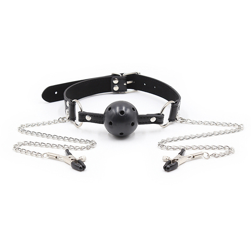Lockable Mouth Ball Gag with Nipple Clamps Bondage Sex Toys for Couples