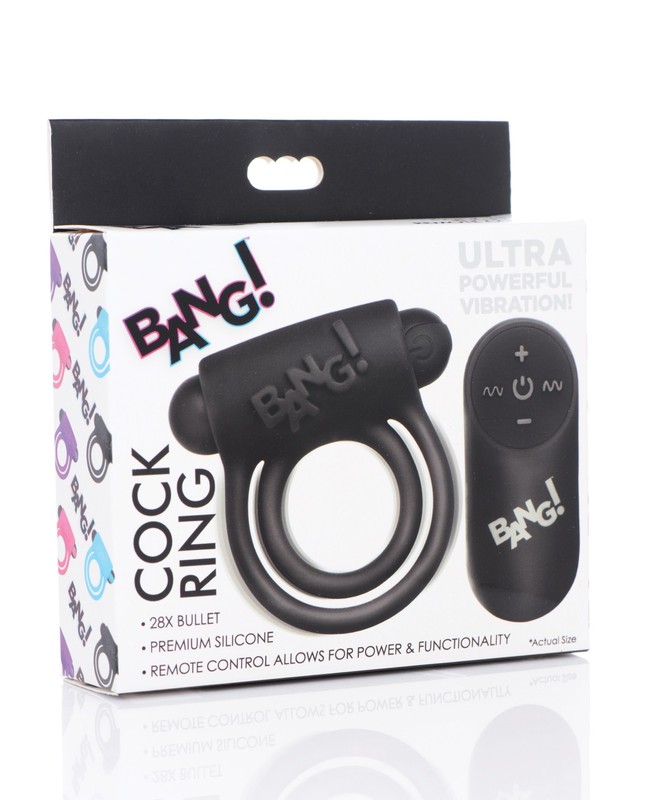 XR Brands Bang! Vibrating Cock Ring & Bullet Remote Control, Black Silicone