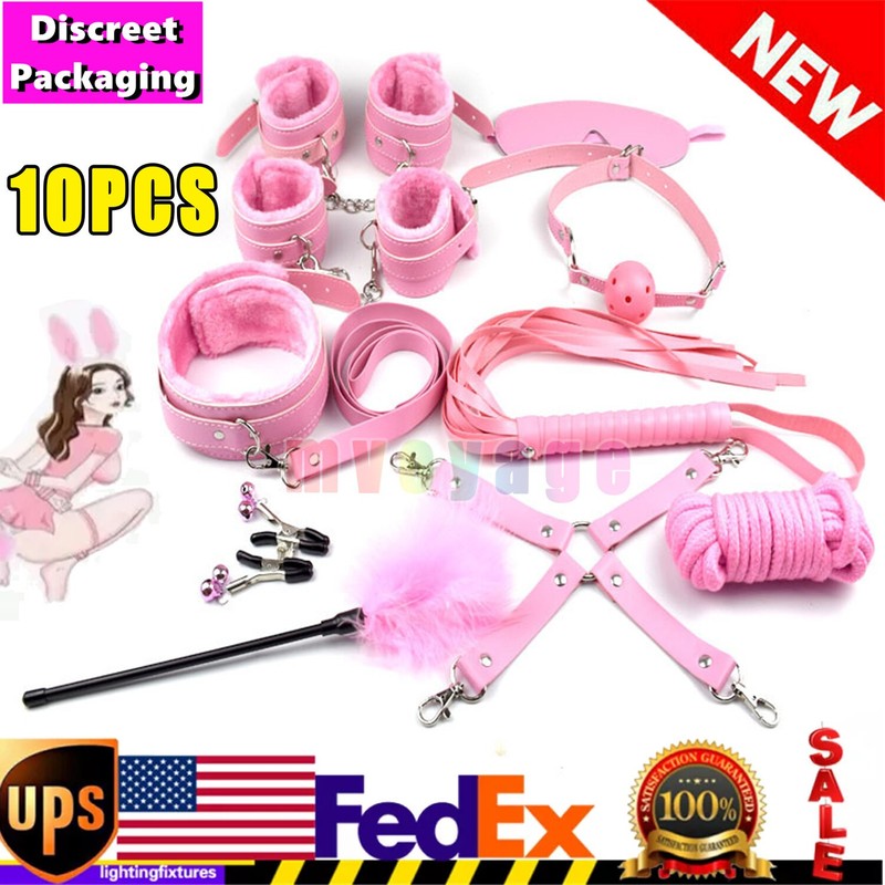 10pcs pink Bondage Set Handcuffs Bed Leg Strap Harness Spreader Thigh Cuffs BDSM