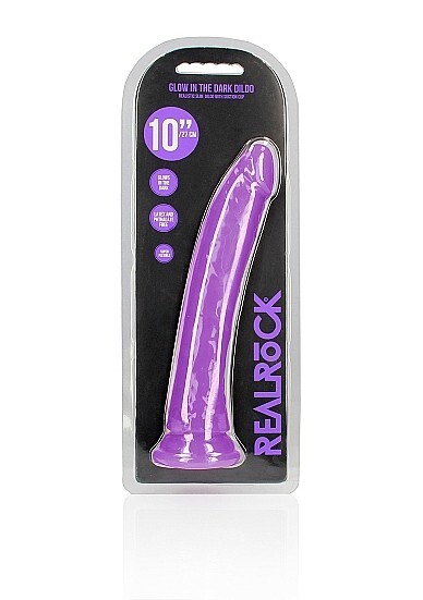 RealRock Glow in the Dark Slim 10 in. Dildo Anal & vagina Play- Neon Purple