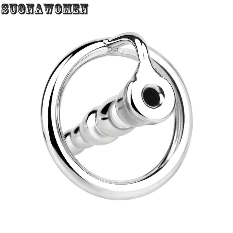 Pullover Ribbed Stainless Steel Hollow Penis Plug Wearable Ejaculation Delay Toy