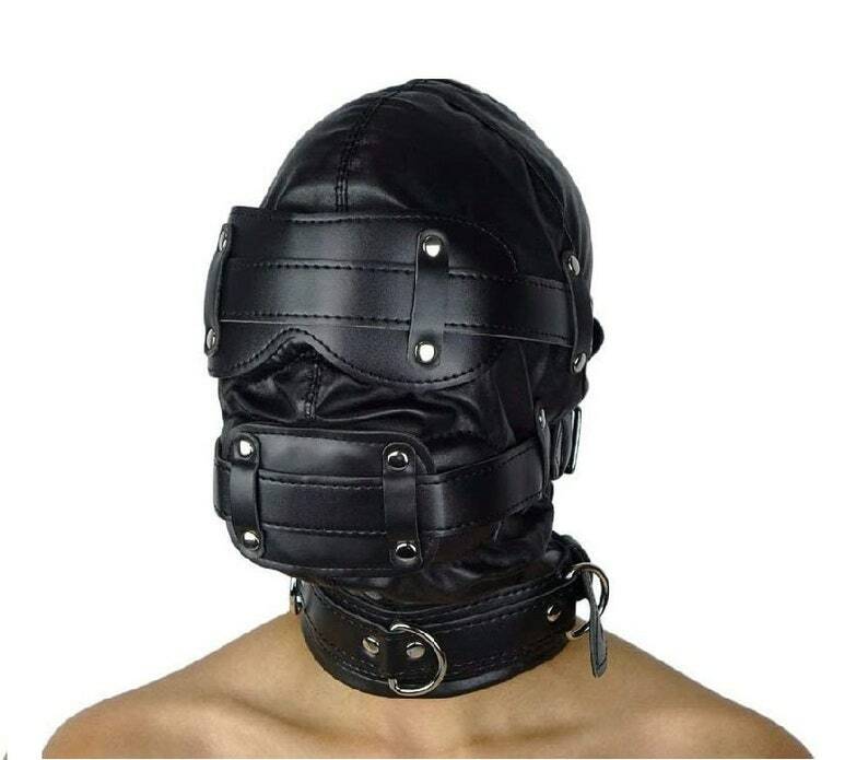 Black Leather Bondage BDSM Fetish Head Hood Mask with Mouth Dildo Gag