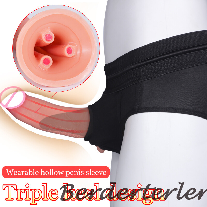 New Built-in Triple Keel Wearable Hollow Penis Sleeve Strapon Dildo Anal Sex Toy