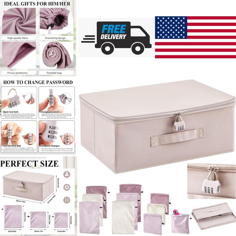 Discreet Lockable Adult Toy Storage Organizer with 9 Drawstring Bags Pink Gray