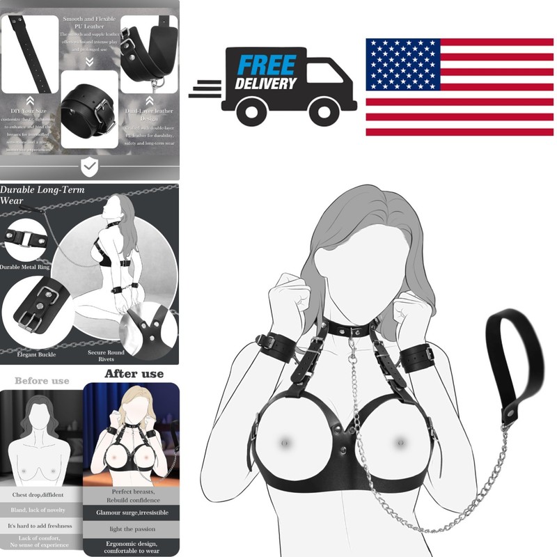 Kinky Couples BDSM Restraint Kit with PU Leather Breast Cincher and Chains