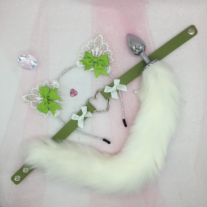 White Kitten Cat Set BDSM DDLG PetPlay Tail Ears Collar Butt Anal Plug Pet Play