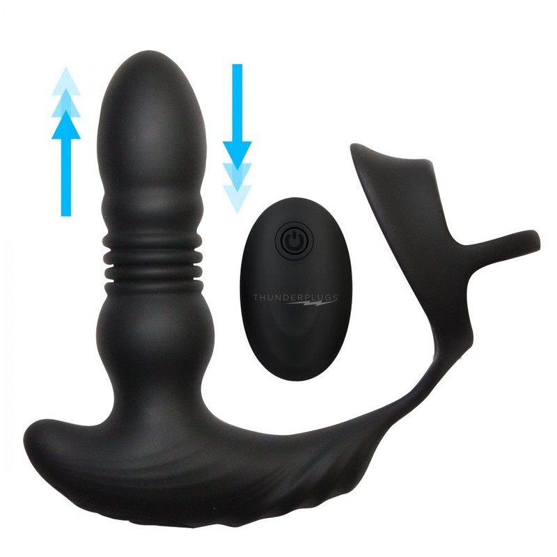 Thunder Plugs Rechargeable 10X Thrusting Silicone Vibrator w/ Cock & Ball Strap
